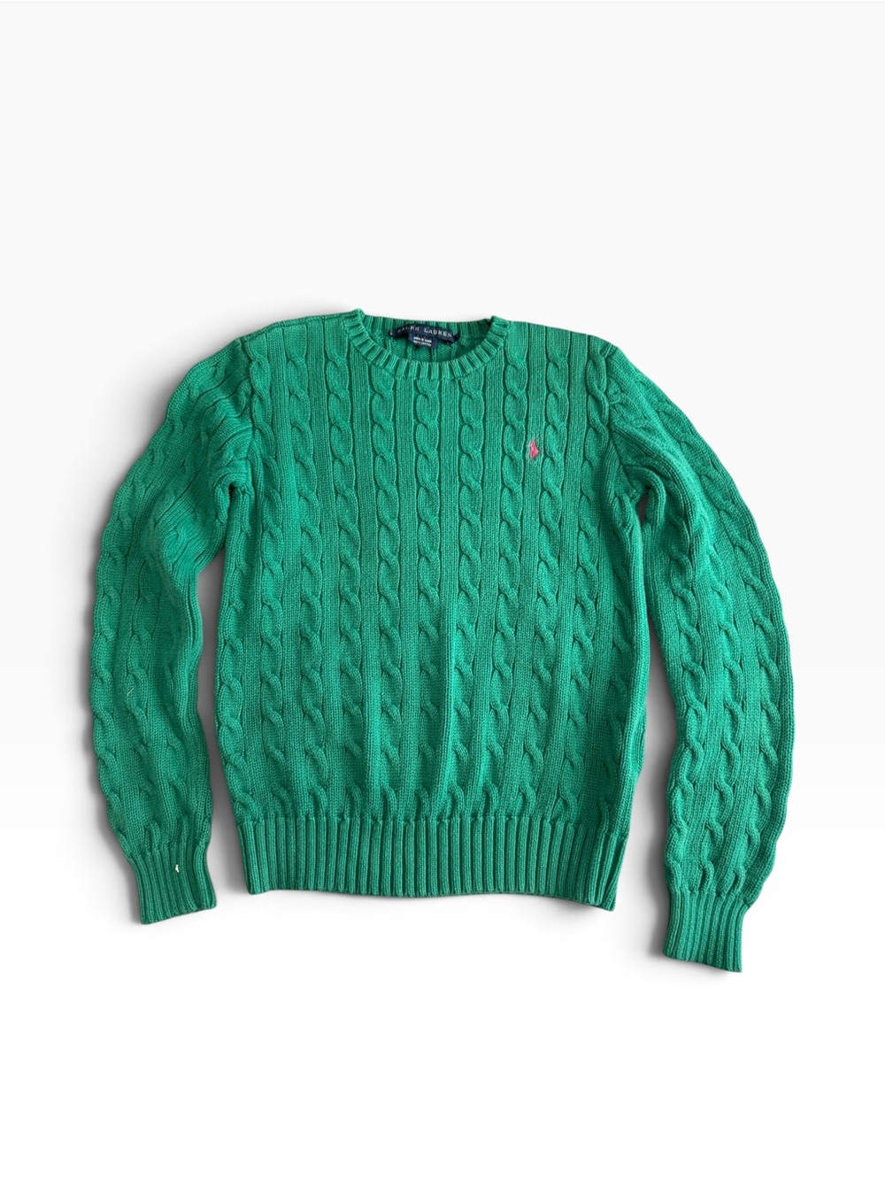 Ralph Lauren Cable Knit Sweater Green Pink Pony – Size Small